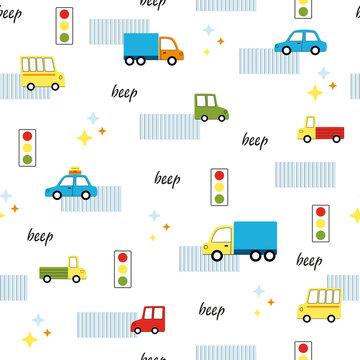 Cute seamless kids vector pattern with cars and buses. Funny illustration with repeated ornament of city transport on white background. Auto driving with beep signals
