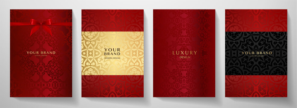 Luxury red curve pattern cover design set. Elegant floral ornament on maroon background. Premium vector collection for Christmas celebration, luxe invite, royal wedding template
