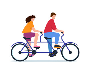 Young happy couple ride double tandem bike.