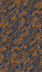 Outline leaf branches seamless repeat pattern. Random placed, botanical vector artwork all over surface print on dark blue background.