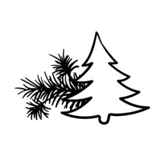 Obraz premium Christmas tree silhouette illustration on white. Christmas tree decor lineart