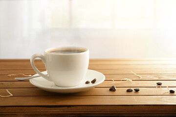 Cup with hot coffee on wooden slat table window background