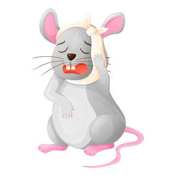 Cartoon baby animal vector illustration. A sad crying mouse with a bandage on its head suffers from a pain in a tooth.