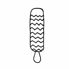 Black and white ice cream in glaze. Popsicle zigzag design. Doodle isolated. Simple vector illustration.