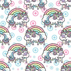 Fototapeta na wymiar Pastel Unicorn rainbow pattern background. Colorful Cute unicorns, stars, circles pattern background. Seamless Vector illustration. Wrapping paper. 
