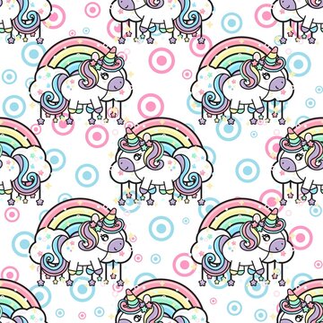 Pastel Unicorn rainbow pattern background. Colorful Cute unicorns, stars, circles pattern background. Seamless Vector illustration. Wrapping paper. 