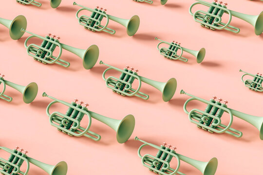 Green trumpets in different sizes on pink background