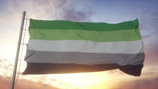 Aromantic pride flag waving in the wind, sky and sun background