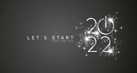 Start of Happy New Year 2022 silver white shining stars rounded typography black background banner and turn on button icon