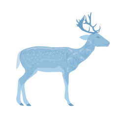 Fairy deer vector stock illustration. Doe in blue floral ornaments. Santa Claus ' reindeer. Isolated on a white background.