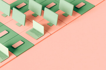 Laptop, pc, and phones with copy space on the right