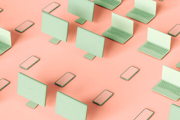 pattern of Laptop, pc, and phones on pink background