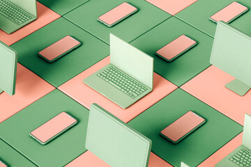 Laptop, pc, and phones on colorful background