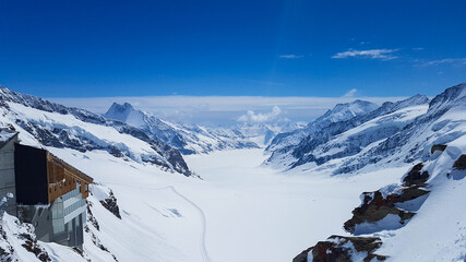 Jungfraujoch view over the snowy Aletsch Glacier in Switzerland