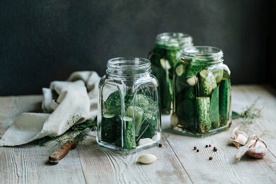 Preparation of canned cucumbers.