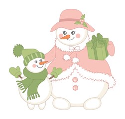 Cute Family of Christmas Snowmen with Gift Box