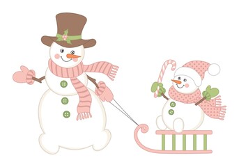 Christmas Snowman Pulling Sleigh with Baby Snowman