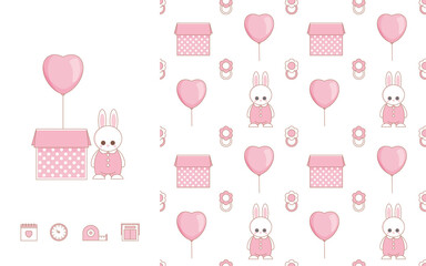 Baby Birthday  card and seamless pattern with cute baby elements. Icons of baby items