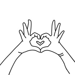 Hands in heart shape. Hand drawn linear vector illustration.