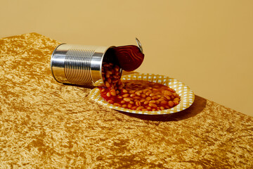 serving canned baked beans in a yellow plate