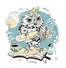 Owl illustration, card, poster, print for clothes. Animal hipster in clothes. Fashion Style.