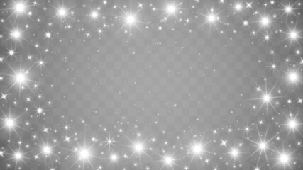 Magic sparkling frame with shining twinkling stars. Luminous particles on a transparent background. Use to blend with your design. Happy Birthday, Christmas, New Year, Holiday Events template
