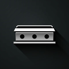 Obraz premium Silver Coffin with christian cross icon isolated on black background. Happy Halloween party. Long shadow style. Vector