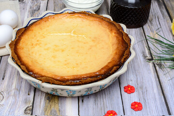 Homemade Yogurt Pie on wooden table. 