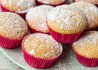 Homemade vanilla muffins with powdered sugar