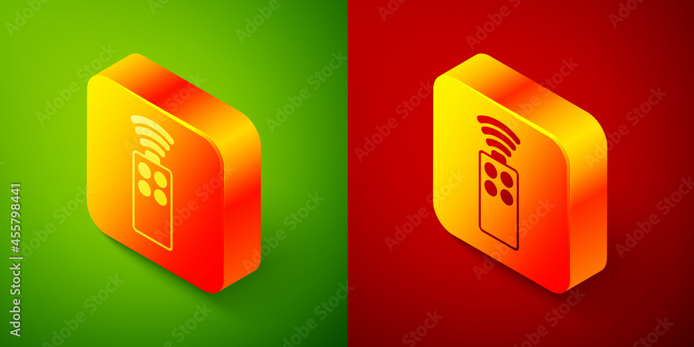 Poster isometric remote control for the camera icon isolated on green and red background. an auxiliary devi