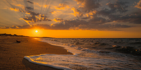 Sunrise seascape and cloudscape over the white foam waves rolling in on the beach at South Cape...