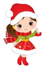 Fototapeta premium Cute Little Girl Wearing Santa Claus Hat Holding a Branch of Red Berries. Vector Christmas Cute Girl with Ashberry