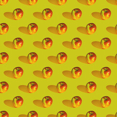 Seamless pattern made from red apple on yellow background Flat lay photo collage
