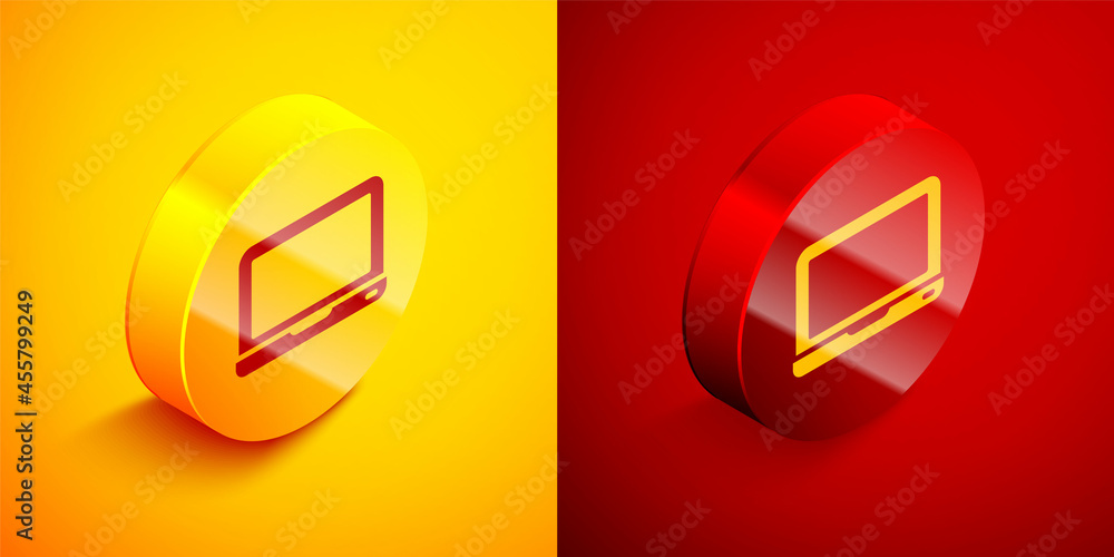 Poster isometric laptop icon isolated on orange and red background. computer notebook with empty screen sig