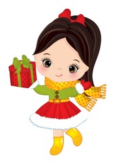 Cute Little Girl Holding Christmas Gift Box. Vector Christmas Cute Girl with Gift Box