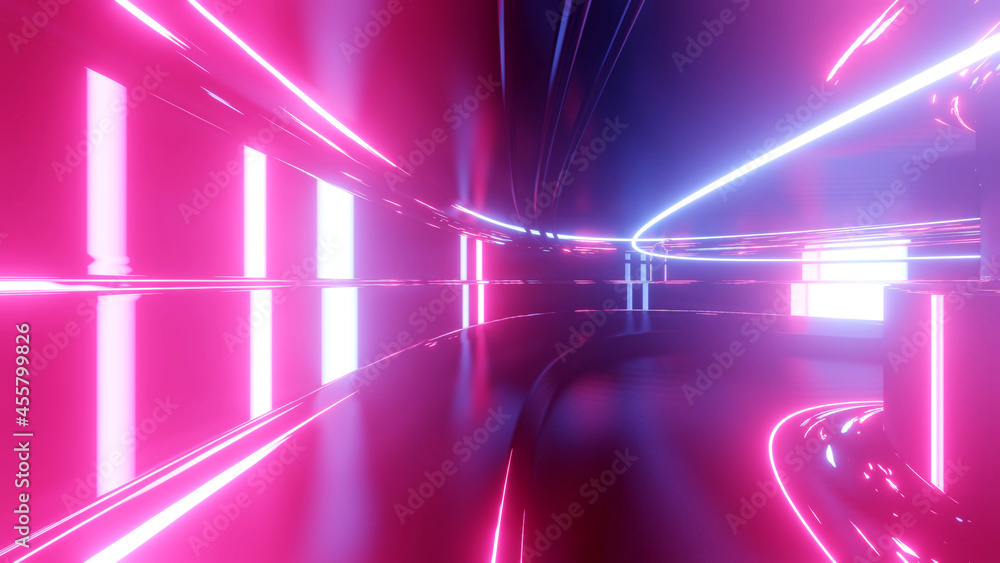 Poster 3d render. sci-fi tunnel with neon lights. abstract high-tech tunnel as background in the style of c