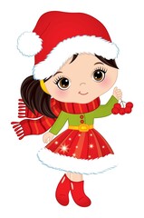 Cute Little Girl Wearing Santa Claus Hat Holding a Branch of Red Berries. Vector Christmas Cute Girl with Ashberry