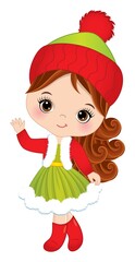 Cute Little Girl Wearing Winter Dress and Knitted Hat. Vector Christmas Cute Girl