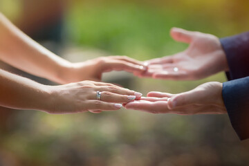 Hands of the bride and groom at the wedding