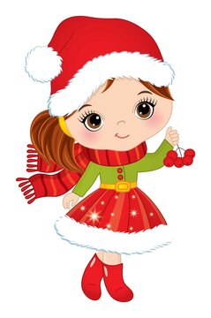 Cute Little Girl Wearing Santa Claus Hat Holding a Branch of Red Berries. Vector Christmas Cute Girl with Ashberry