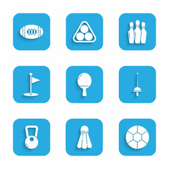 Set Racket for playing table tennis, Badminton shuttlecock, Football ball, Fencing, Kettlebell, Golf flag, Bowling pin and American icon. Vector