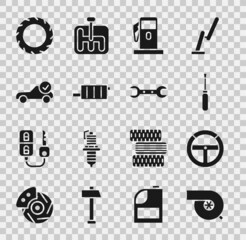 Set Automotive turbocharger, Steering wheel, Screwdriver, Petrol or Gas station, Car muffler, service check automotive, tire and Wrench spanner icon. Vector