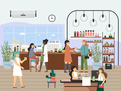 Cosmetics store. Happy women shopping for face and body skincare products, flat vector illustration. Beauty retail.