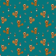 Seamless pattern on the autumn theme . funny squirrels, acorns, mushrooms are drawn in the kartun style . A pattern for clothing, fabric, and other items.