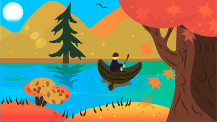 Obraz na płótnie Canvas Autumn landscape with trees, boat and bird.