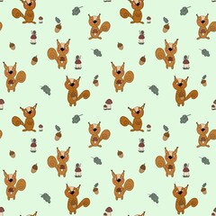 Seamless pattern on the autumn theme . funny squirrels, acorns, mushrooms are drawn in the kartun style . A pattern for clothing, fabric, and other items.
