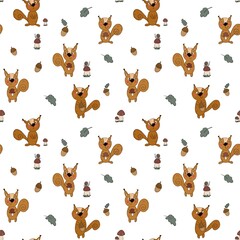 Fototapeta premium Seamless pattern on the autumn theme . funny squirrels, acorns, mushrooms are drawn in the kartun style . A pattern for clothing, fabric, and other items.