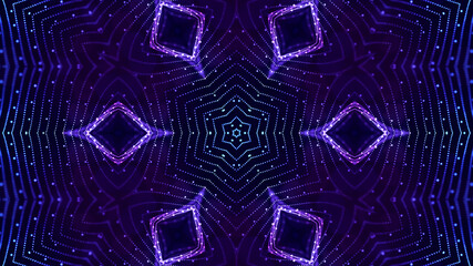 3d render. Blue motion design bg with symmetrical star pattern. Abstract sci-fi background with glow particles form curved lines, surfaces, hologram or virtual digital space. Floral structure