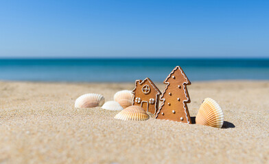 Fototapeta na wymiar Christmas cookies in the shape of a Christmas tree and a house with small white shells on a sandy beach against the background of the sea. Selective focusing.
