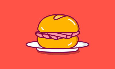 Flat design of a Bologna sandwich or mortadella sandwich (sanduíche de mortadela)of Municipal Market (Mercadão), São Paulo. Common snack of traditional French bread and mortadella consumed in Brazil.  © Aline K Fernandes
